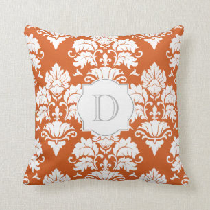 White & Pumpkin Damask Monogrammed Pillow