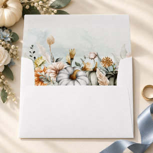 White Pumpkin Dusty Blue Floral Autumn Wedding Envelope