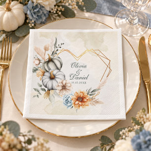 White Pumpkin Dusty Blue Heart Fall Wedding Napkin