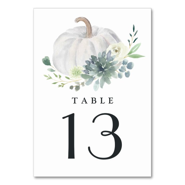 White Pumpkin Elegant Succulent Fall Chic Wedding Table Number (Front)