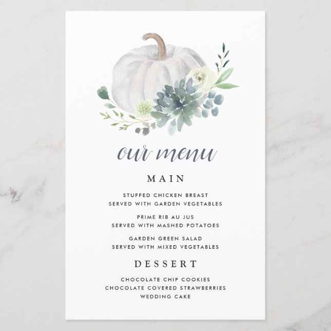 White Pumpkin Elegant Succulent Fall Menu Cards (Front)