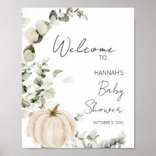 White Pumpkin Eucalyptus Fall Baby Shower Welcome Poster