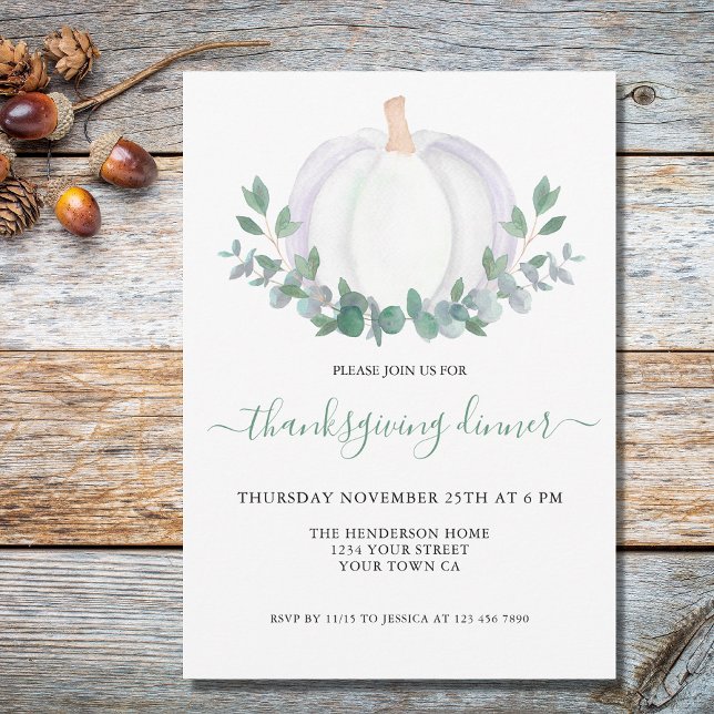 White Pumpkin Eucalyptus Thanksgiving Dinner  Invitation (Creator Uploaded)