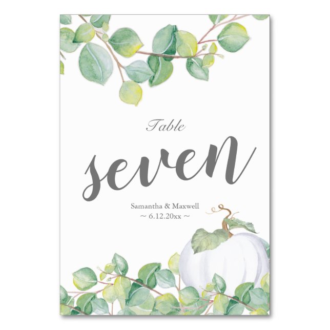 White Pumpkin Eucalyptus Wedding Table Number (Front)