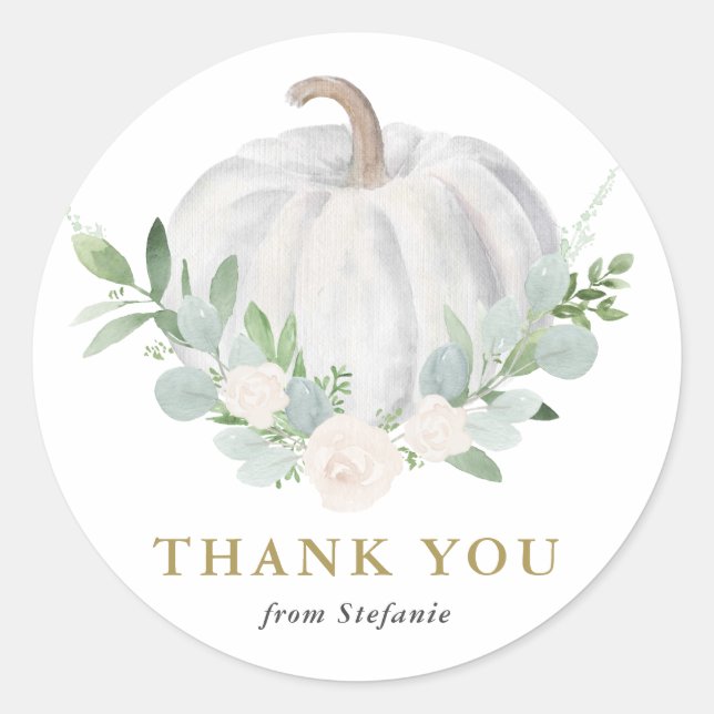 White Pumpkin Fall Baby Shower Thank You Classic Round Sticker (Front)