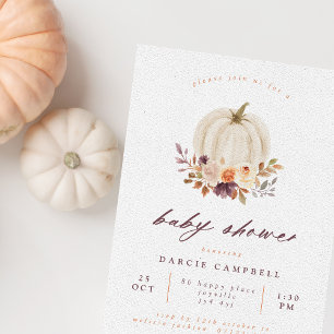 White Pumpkin & Fall Flowers Baby Shower Invitation