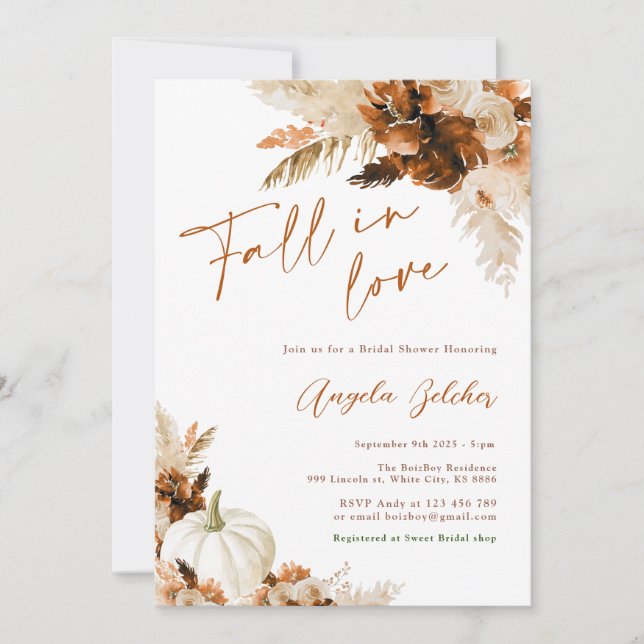 White Pumpkin Fall in Love Bridal Shower Invitation (Front)
