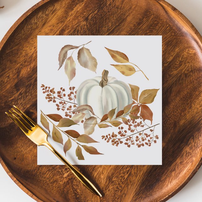 White Pumpkin Fall Leaves Thanksgiving Napkin (Creator Uploaded)