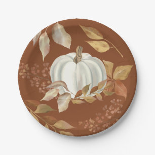White Pumpkin Fall Leaves Thanksgiving Paper Plate
