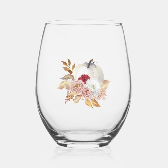 White Pumpkin Floral Design Stemless Wine Glass (Front)