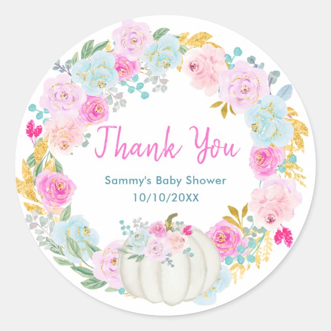 White Pumpkin Floral Wreath Baby Shower Thank You Classic Round Sticker (Front)
