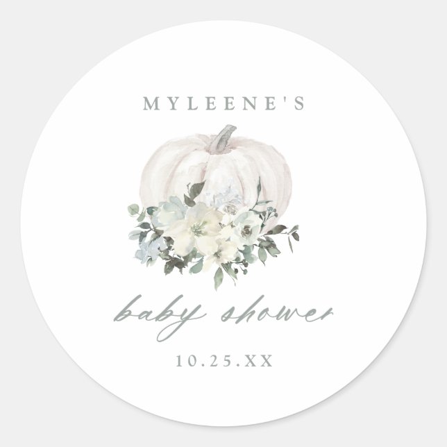 White Pumpkin & Flowers Baby Shower Classic Round Sticker (Front)