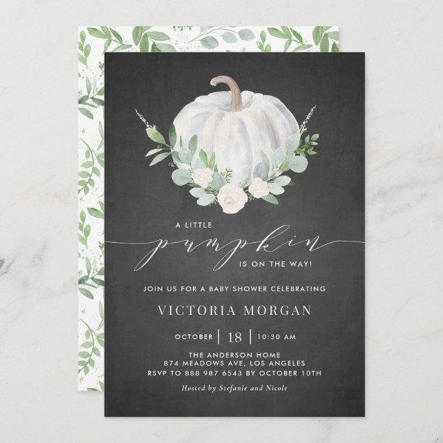 White Pumpkin Greenery Chalkboard Fall Baby Shower Invitation (Front/Back)