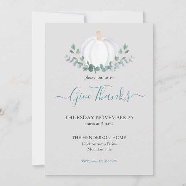White Pumpkin Greenery Grey Thanksgiving Dinner Invitation (Front)