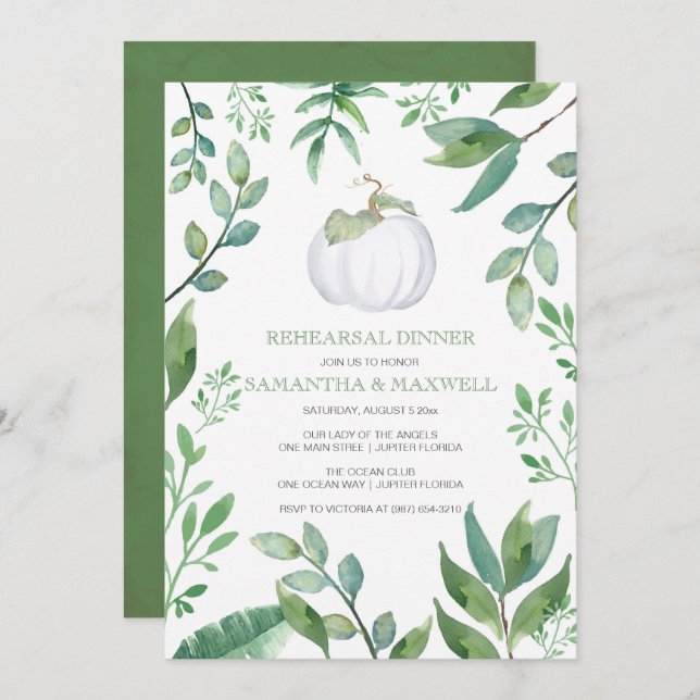 White Pumpkin Greenery Rehearsal Dinner Invitation (Front/Back)