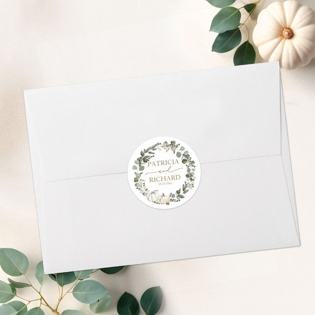 White Pumpkin Greenery Wreath Fall Wedding Classic Round Sticker (Creator Uploaded)