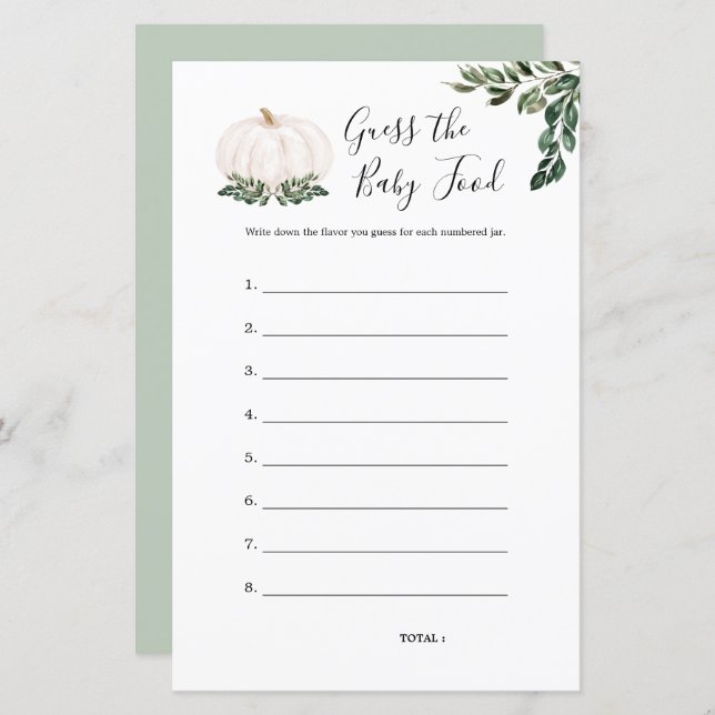 White Pumpkin Guess The Baby Food Game Cards (Front/Back)