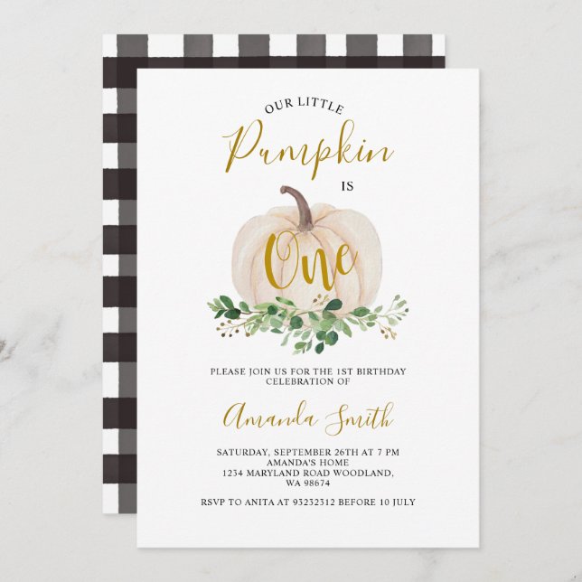 White Pumpkin Is One Birthday Greenery Floral Invitation (Front/Back)