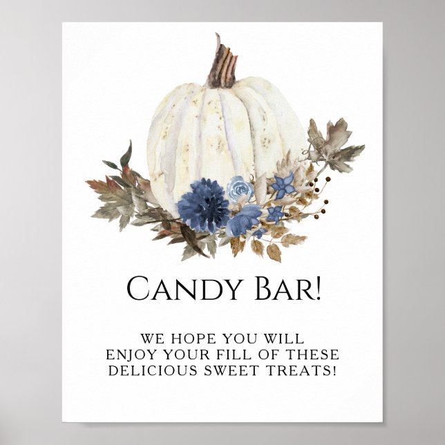 White Pumpkin Navy Blue Fall Floral Candy Bar Sign (Front)