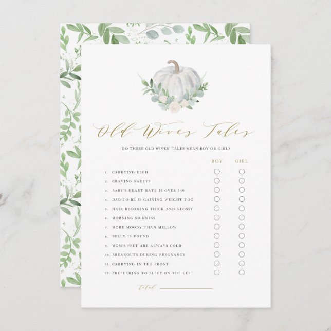 White Pumpkin Old Wives' Tale Prediction Game Card (Front/Back)