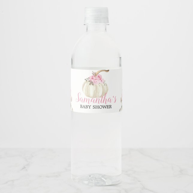 White Pumpkin Pink Floral Girl Baby Shower Water Bottle Label (Front)