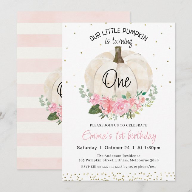 White Pumpkin Pink Floral Girls 1st Birthday Invitation (Front/Back)