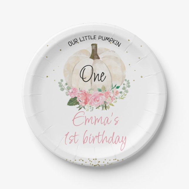 White Pumpkin Pink Floral Girls 1st Birthday Plate (Front)