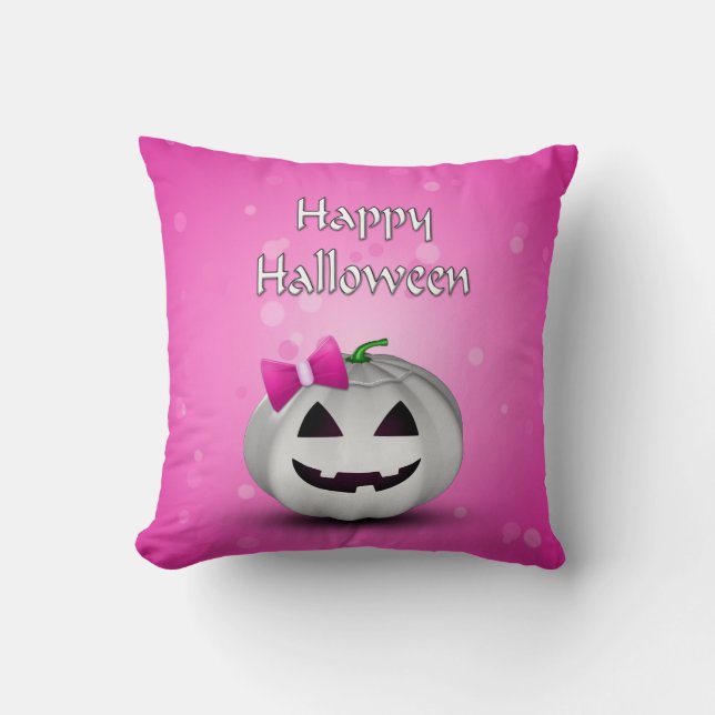 White Pumpkin Pink Girly Halloween Cushion (Front)