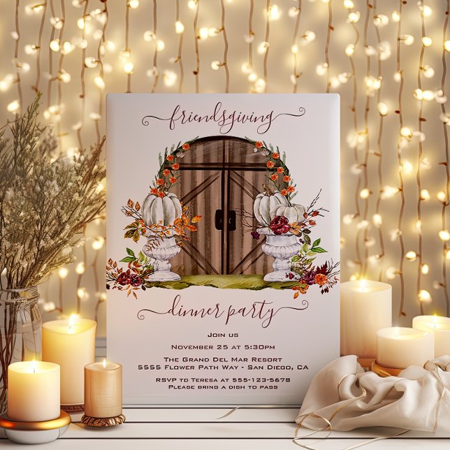 White Pumpkin Rustic Wood Door Friendsgiving Party Invitation (Creator Uploaded)
