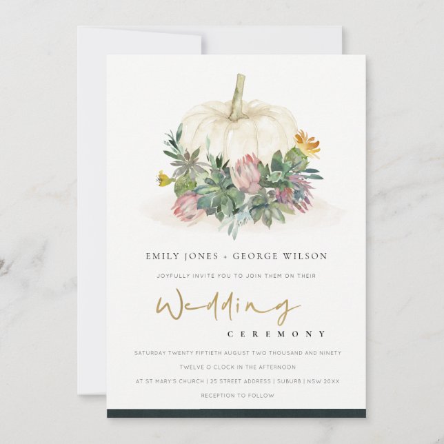 WHITE PUMPKIN SUCCULENT FAUNA WEDDING INVITE (Front)