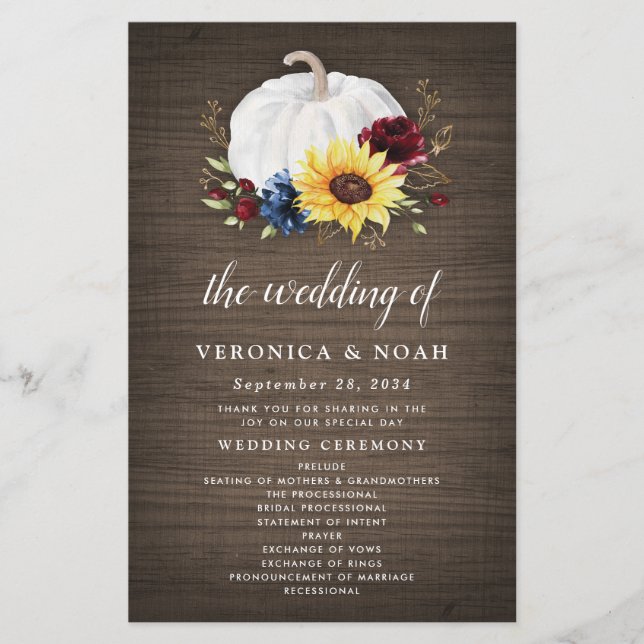 White Pumpkin Sunflower Gold Fall Wedding Programs (Front)
