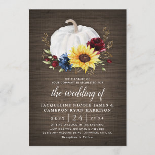 White Pumpkin Sunflower Roses Gold Fall Wedding Invitation