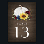 White Pumpkin Sunflower Roses Gold Fall Wedding Table Number<br><div class="desc">Wedding design features a rustic barn wood grain background with an elegant watercolor white pumpkin,  gold printed fall leaf elements,  burgundy red roses and a navy blue wildflower.</div>