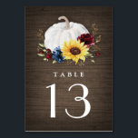White Pumpkin Sunflower Roses Gold Fall Wedding Table Number<br><div class="desc">Wedding design features a rustic barn wood grain background with an elegant watercolor white pumpkin,  gold printed fall leaf elements,  burgundy red roses and a navy blue wildflower.</div>