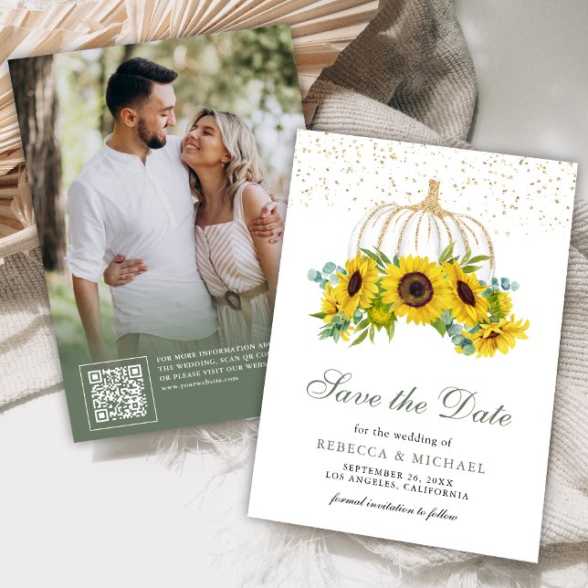 White Pumpkin Sunflowers QR Code Wedding Photo Save The Date (Creator Uploaded)
