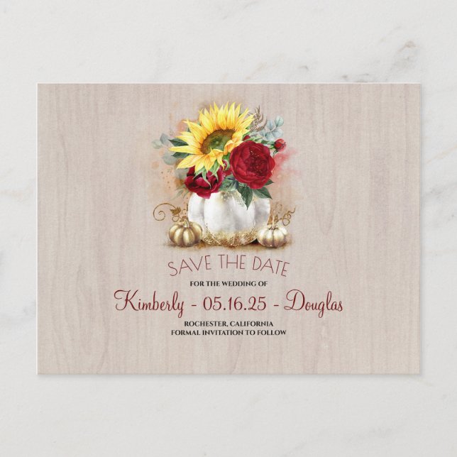 White Pumpkin Sunflowers Vase Fall Save the Date Announcement Postcard (Front)