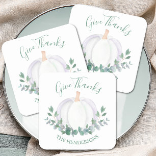 White Pumpkin Thanksgiving Square Paper Coaster
