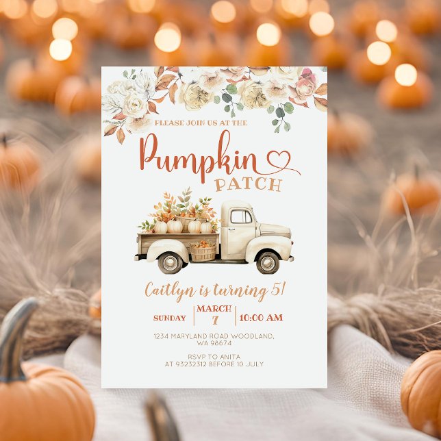 White Pumpkin Truck Patch 5th Birthday Party  Invitation (Creator Uploaded)