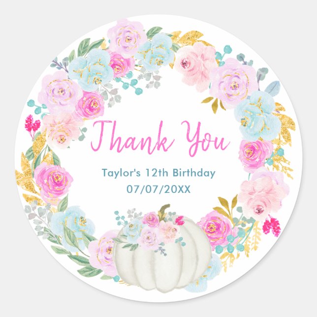White Pumpkin Wreath Birthday Party Thank You Classic Round Sticker (Front)