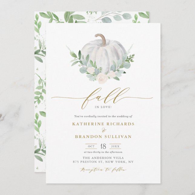 White Pumpkin Wreath Greenery Fall Wedding Invitation (Front/Back)