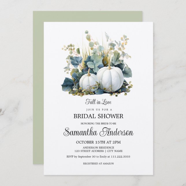 White pumpkins and eucalyptus greens Bridal Shower Invitation (Front/Back)