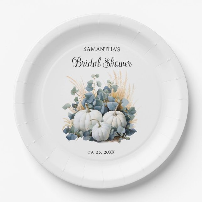 White pumpkins and eucalyptus greens Bridal Shower Paper Plate (Front)