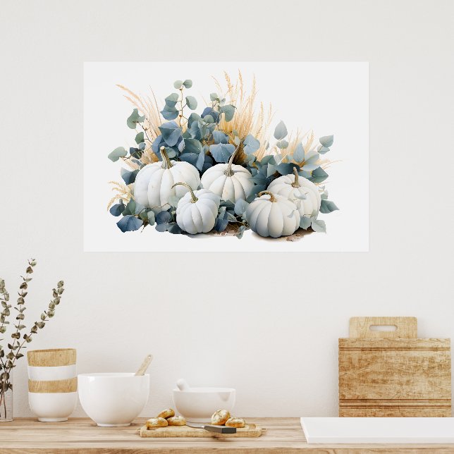 White pumpkins and eucalyptus greens fall poster (Kitchen)