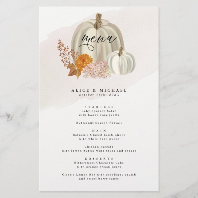 White Pumpkins and Fall Flowers Event Dinner Menu (Front)