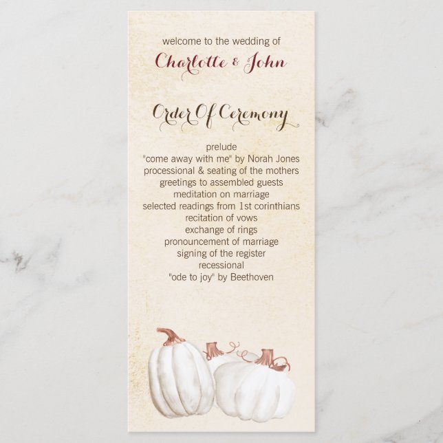 white pumpkins fall harvest wedding programs programme (Front)