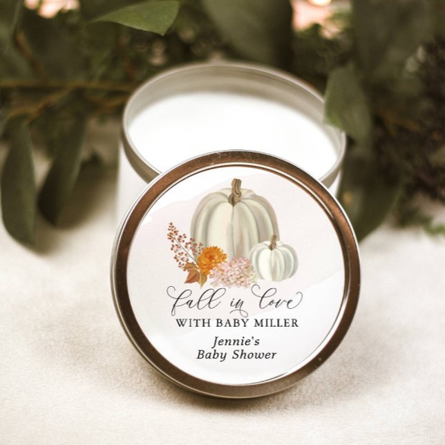 White Pumpkins Fall in Love Baby Shower Customised Classic Round Sticker (Creator Uploaded)