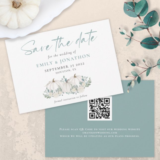 White Pumpkins Florals QR Code Wedding  Save The Date (Creator Uploaded)