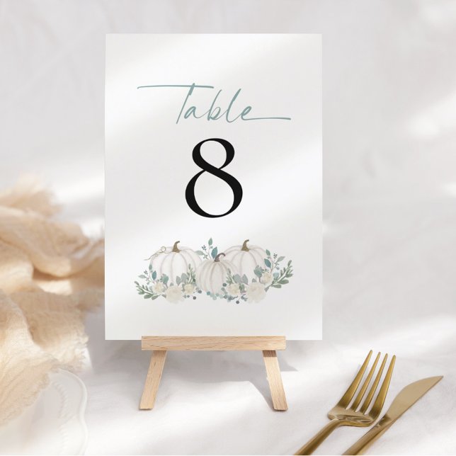 White Pumpkins Florals Teal Wedding Table Number (Creator Uploaded)