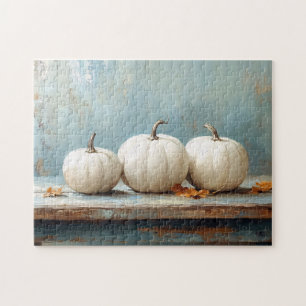 White Pumpkins on Vintage Blue Table Jigsaw Puzzle
