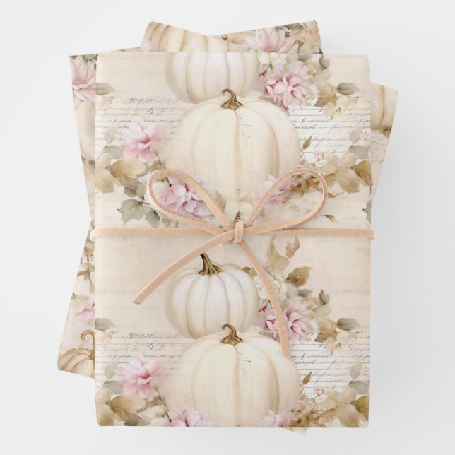 White Pumpkins Pastel Pink Fall Watercolor Floral Wrapping Paper Sheet (In situ)